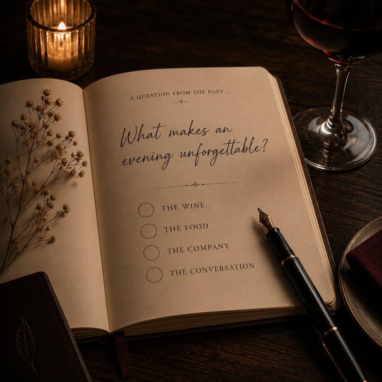 An open notebook asking “What makes an evening unforgettable?” beside a fountain pen, a candle and a glass of red wine
