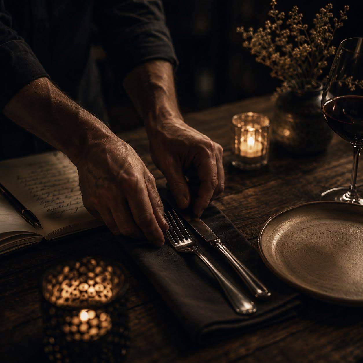 Hands carefully setting cutlery on a candlelit table beside an open notebook