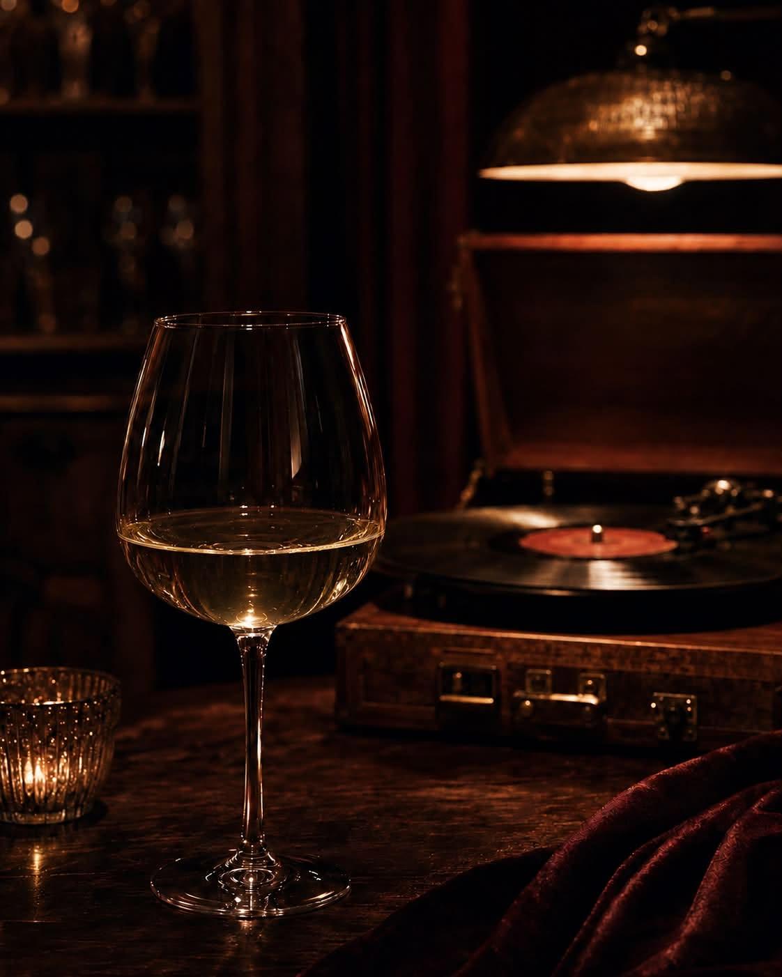A glass of white wine beside a record player in low lamplight